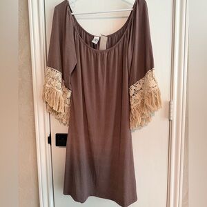 Boho Fringe Crochet Sleeve Dress Brown & Cream Large (runs big) Hippie Festival